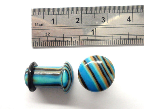 Pair Blue Black Striped Stone Single Flare Black O rings Ear Lobe Plugs 0 gauge - I Love My Piercings!