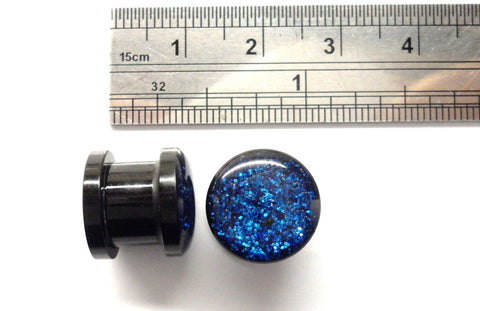 Pair Black Acrylic Dark Blue Glitter Screw Fit Back Ear Lobe Plugs 00 gauge 00g - I Love My Piercings!