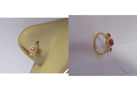 18k Gold Plated 3 Pink Crystals Cup Setting Nose Nostril Hoop Ring 20 gauge 20g