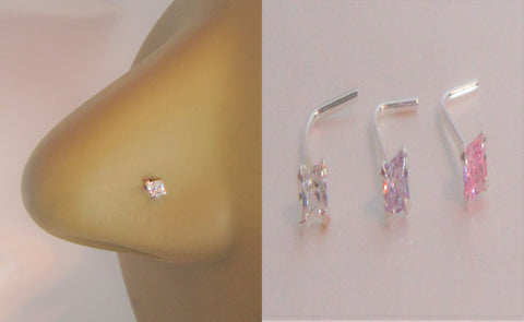 3 Pc Sterling Silver Square CZ Crystal Nose Studs L Shape Pins Rings 22 gauge