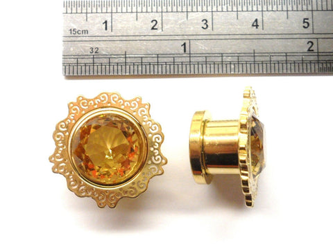 Gold Titanium Amber Filigree Ornate Ear Lobe Jewelry Screw Plugs 00 gauge 00g - I Love My Piercings!