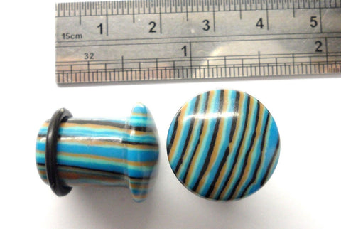 Pair Blue Black Striped Stone Single Flare Black O rings Ear Lobe Plugs 1/2 inch - I Love My Piercings!