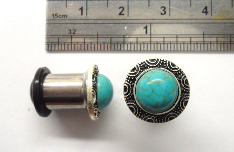 Pair Surgical Steel Turquoise Single Flare O rings Plugs Lobe Jewelry 0 gauge 0g - I Love My Piercings!