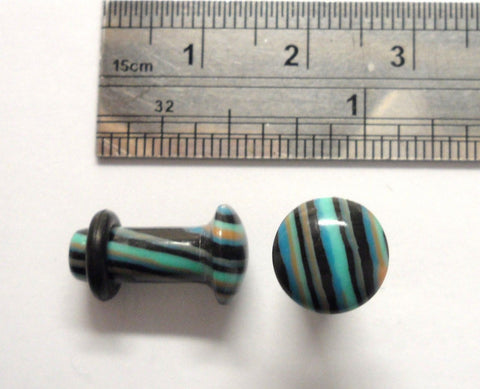 Pair Blue Black Striped Stone Single Flare Black O rings Ear Lobe Plugs 4 gauge - I Love My Piercings!
