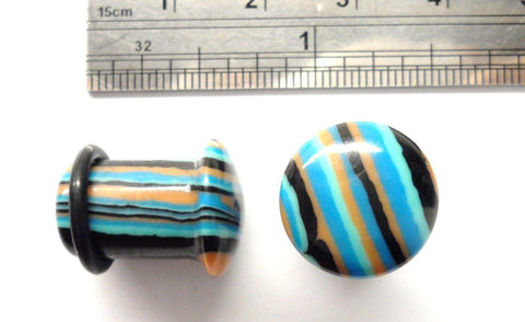 Pair Blue Black Striped Stone Single Flare Black O rings Ear Lobe Plugs 00 gauge - I Love My Piercings!