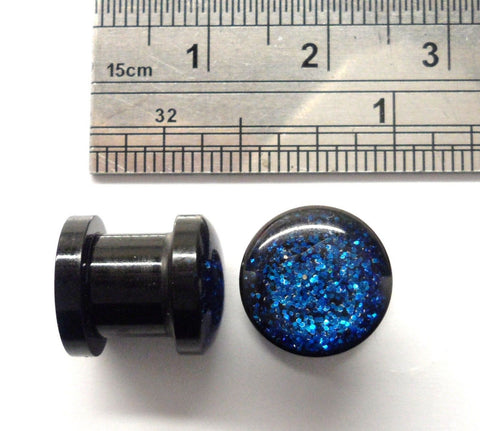 Pair Black Acrylic Dark Blue Glitter Screw Fit Back Ear Lobe Plugs 0 gauge 0g - I Love My Piercings!
