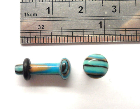 Pair Blue Black Striped Stone Single Flare Black O rings Ear Lobe Plugs 8 gauge - I Love My Piercings!