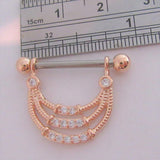 14k Rose Gold Plated Triple Loop Crystal Drop Nipple Hoop Shield Barbell 14g