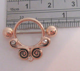18k Rose Gold Plated Ornate Crystal Swirls Nipple Hoop Shield Barbell 14 gauge