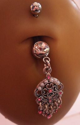 Surgical Steel Belly Ring Pink Crystals Faux Pearl Dangle 14 gauge 14g - I Love My Piercings!