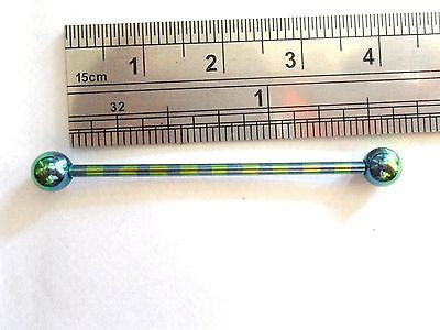Blue Green Titanium Straight Industrial Scaffolding Barbell Ring 14 gauge 14g - I Love My Piercings!