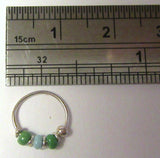 Sterling Silver Thin Nose Hoop Green Beaded Ring 22 gauge 22g 8 mm Diameter
