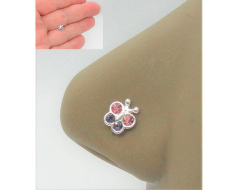 20G Nose Stud Pink Purple Nose Ring CZ Crystal Butterfly Sterling Silver L Shape Nose Stud 20 gauge Nose Jewelry Nostril Ring
