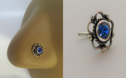 Sterling Silver Nose Stud Pin Ring Bent L Shape Royal Blue Swarovski 20 gauge - I Love My Piercings!