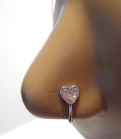 Surgical Steel Fake Faux Heart Opal Style Nose Hoop Clip Cuff Looks 18 gauge - I Love My Piercings!