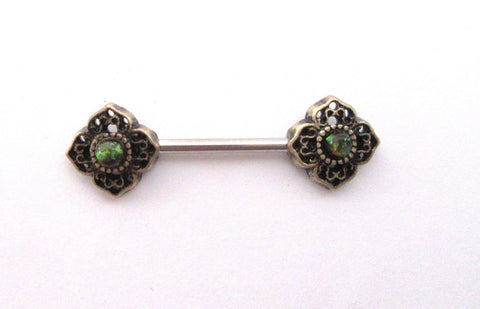 Dark Green Opalite Flower Straight Bar Post Barbell Nipple Ring 14 gauge 14g - I Love My Piercings!