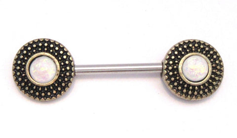 White Opalite Shield Disk Straight Bar Post Barbell Nipple Ring 14 gauge 14g - I Love My Piercings!