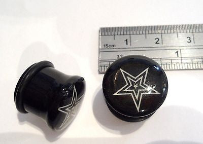Pair 2 pieces Single Flare White Star Black Plugs O rings 9/16 inch - I Love My Piercings!