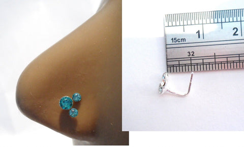 Sterling Silver Nose Stud Ring L Shape Pin Triple Aqua CZ Crystals 20 gauge 20g - I Love My Piercings!