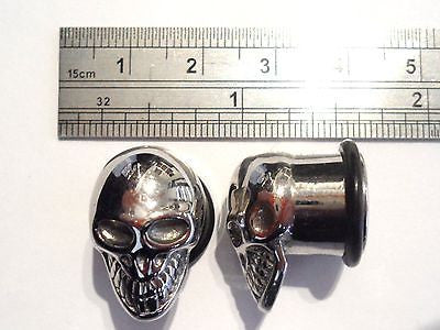 Pair 2 pieces Skull Silver Stainless Steel Single Flare Tunnels 1/2 inch 12mm - I Love My Piercings!