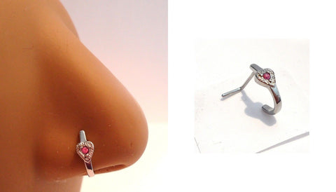 Surgical Steel Pink Crystal Heart Bent L Shape Nose Ring Stud Hoop 20 gauge 20g - I Love My Piercings!