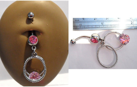 Surgical Steel Pink CZ Double Hoop Belly Curved Bar Barbell Ring 14 gauge 14g - I Love My Piercings!