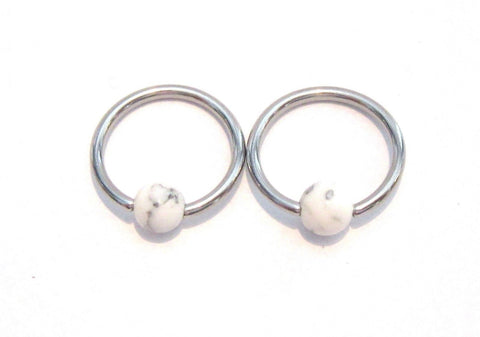 2 Surgical Steel Howlite Stone Helix Conch Lip Lobe Hoop Rings 16 gauge 16g - I Love My Piercings!