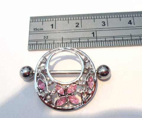 Surgical Steel Filigree Butterfly Pink Crystal CZ Nipple Hoop Shield 14 gauge - I Love My Piercings!