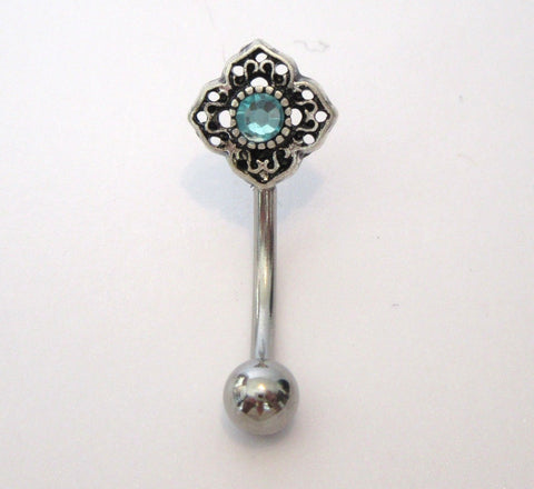Surgical Steel Aqua CZ Crystal Flower Curved Barbell VCH Jewelry Clit Bar Hood Ring 14g - I Love My Piercings!