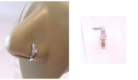 Surgical Steel L Shape Nose Ring Stud Hoop Teardrop Pink CZ Crystal 18 gauge 18g - I Love My Piercings!