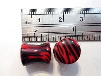 2 pieces Pair Red Black Striped Acrylic Double Flare Lobe Plugs 0 gauge 0g - I Love My Piercings!