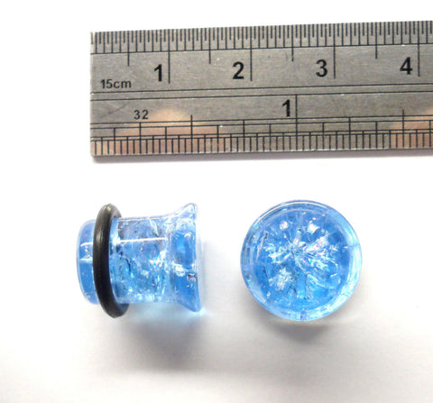 Pair 2 Piece Light Blue Acrylic Glitter Single Flare Lobe Plugs 00 gauge O Rings - I Love My Piercings!
