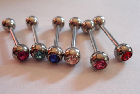 6 Piece Surgical Steel Straight Tongue Barbells Crystal CZ Gems 14 gauge 14g - I Love My Piercings!