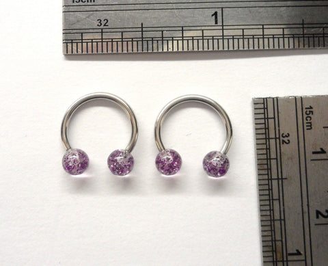 2 Surgical Steel Purple Glitter Balls Ear Piercing Hoops Horseshoes 16 gauge 16g - I Love My Piercings!