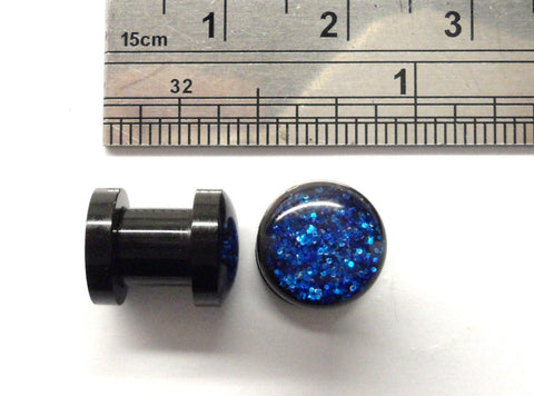 Pair Black Acrylic Dark Blue Glitter Screw Fit Back Ear Lobe Plugs 2 gauge 2g - I Love My Piercings!