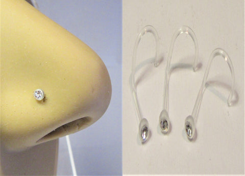 3 Flexible Metal Sensitive Bioplast Nose Screws Clear Gem Crystal 20 gauge 20g
