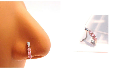 Surgical Steel Pink Triple Crystal Bent L Shape Nose Ring Stud Hoop 20 gauge 20g - I Love My Piercings!