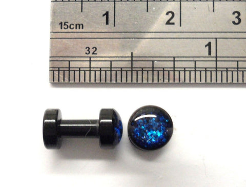 Pair Black Acrylic Dark Blue Glitter Screw Fit Back Ear Lobe Plugs 8 gauge 8g - I Love My Piercings!