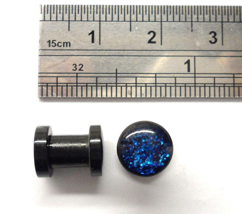 Pair Black Acrylic Dark Blue Glitter Screw Fit Back Ear Lobe Plugs 4 gauge 4g - I Love My Piercings!