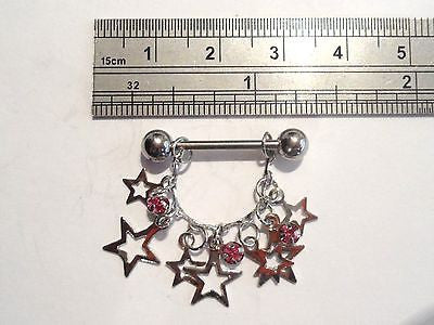 Stainless Steel Straight Barbell Pink Crystal Stars Nipple Ring 14 gauge 14g - I Love My Piercings!