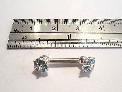 Blue Crystals Flower Straight Barbell Fancy Nipple Ring 14 gauge 14g - I Love My Piercings!