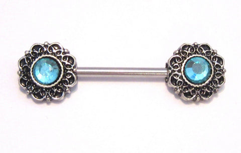 Aqua Crystal Filigree CZ Flower Straight Bar Post Barbell Nipple Ring 14 gauge - I Love My Piercings!