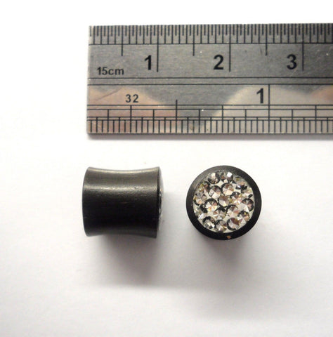 Pair Black Wood Clear Crystal CZ Cluster Gems Double Flare Plugs 0 gauge 0g - I Love My Piercings!