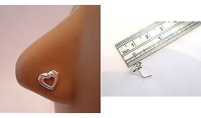 Sterling Silver Nose Stud Pin Ring L Shape Large Heart Pink Crystal 20 gauge 20g - I Love My Piercings!