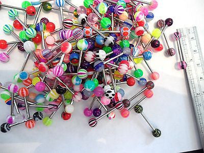Stainless Steel Acrylic Ball Tongue Barbells Rings 10 All Different 14 gauge 14g - I Love My Piercings!