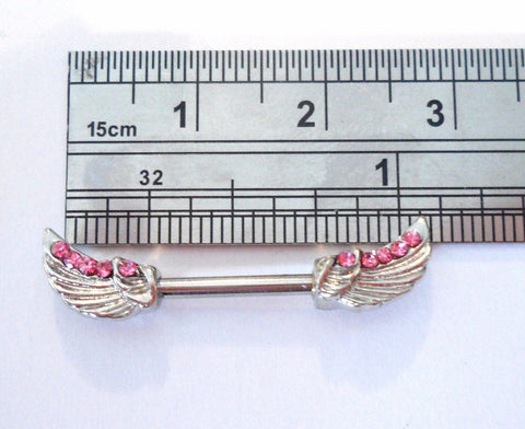 Surgical Steel Pink CZ Crystal Wings Nipple Straight Barbell Ring 14 gauge 14g - I Love My Piercings!