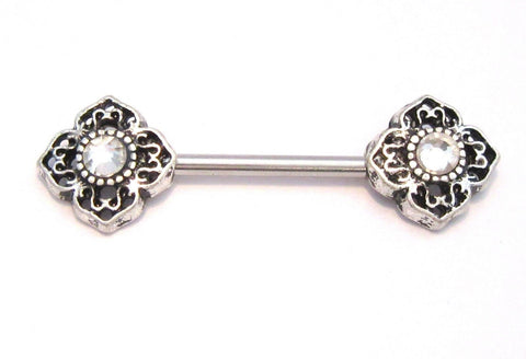 Clear Crystal Filigree CZ Flower Straight Bar Post Barbell Nipple Ring 14 gauge - I Love My Piercings!