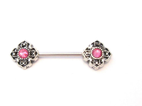 Pink CZ Crystal Flower Straight Bar Post Barbell Nipple Ring 14 gauge 14g - I Love My Piercings!