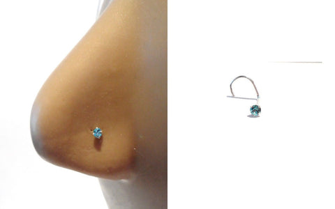 Sterling Silver Aqua Crystal CZ Claw Set Nose Screw Twist Stud Curl 20 gauge 20g - I Love My Piercings!