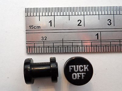 BLACK Screw Fit  Acrylic Plugs F*CK OFF Logo 4 gauge - I Love My Piercings!